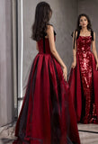 Tie Shoulder A Line Sequin Burgundy Straps Prom Dress With Train