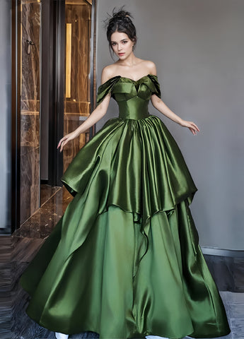 Ruffles Satin Green Off The Shoulder A Line Prom Dress