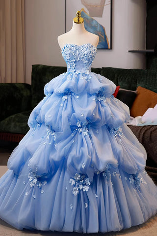 Blue Off The Shoulder Ruffles Tulle Flower Prom Dress