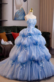 Blue Off The Shoulder Ruffles Tulle Flower Prom Dress