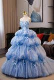 Blue Off The Shoulder Ruffles Tulle Flower Prom Dress