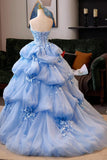 Blue Off The Shoulder Ruffles Tulle Flower Prom Dress