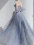 Tulle Sparkle Blue Off The Shoulder Prom Dress