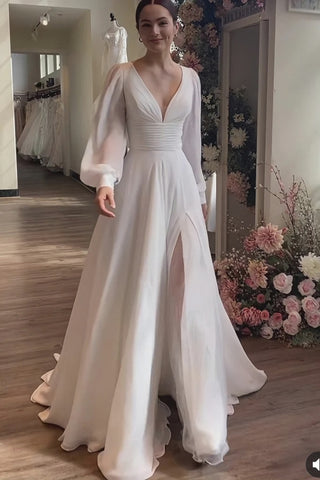V Neck A Line Long Sleeve Chiffon Wedding Dress With Slit