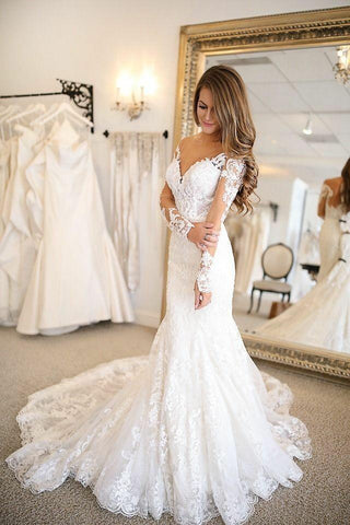 V Neck Lace Trumpet Mermaid Long Sleeve Sheer Wedding Dress