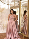Pink Satin A Line One Shoulder Prom Dress With Pockets