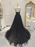 Ruffles Spaghetti Straps Black Tulle Prom Dress