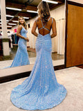 Blue Sequins Sheath Column Ruched V-neck Prom Dress