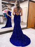 Blue Sequins Sheath Column Ruched V-neck Prom Dress