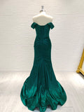 Green Satin Mermiad Off The Shoulder Prom Dress With Slit
