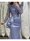 Sequin Satin Trumpet Mermaid Long Sleeve Blue Prom Dress