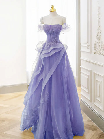 Tulle Ruffles Purple A-Line Off Shoulder Prom Dress