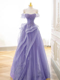 Tulle Ruffles Purple A-Line Off Shoulder Prom Dress