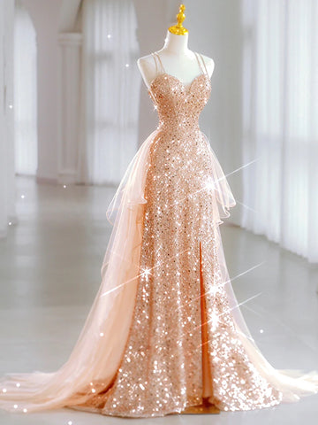 Champagne Gold Sequin Rufles Lace Up Tulle Prom Dress