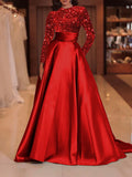 Burgundy Sequin Long Sleeve A Line Prom Dress