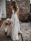 Deep V Neck Lace Appliques Wedding Dress