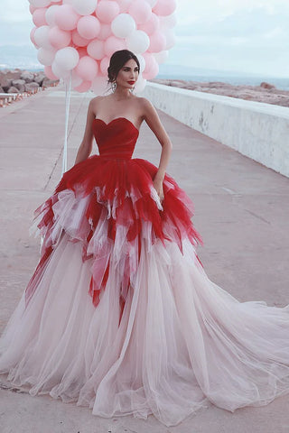 Ball Gown Tulle Ruffles Lace Up Bow  Red Sweetheart Wedding Dress