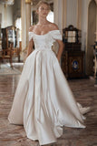 Champagne Beading Off The Shoulder Satin Wedding Dress With Pockets