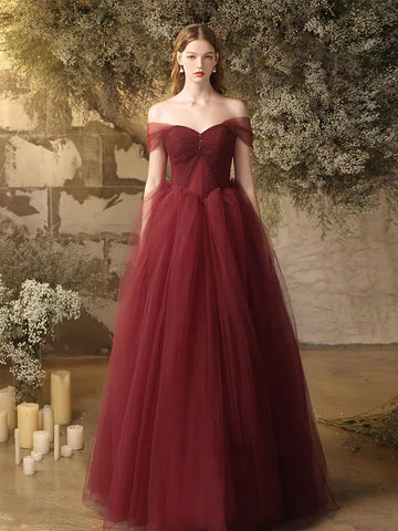 Burgundy Sweetheart Beading Tulle A Line Prom Dress