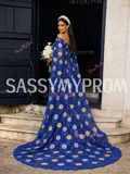 Sassymyprom blue cape sleeve prom dress side flow view