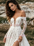 Sassymyprom boho lace leg slit wedding dress full front view