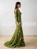 Sassymyprom column green lace dress full side profile view