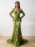 Sassymyprom elegant green flower applique dress full front angle view