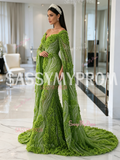 Sassymyprom green beaded floral luxury dress full body quarter view