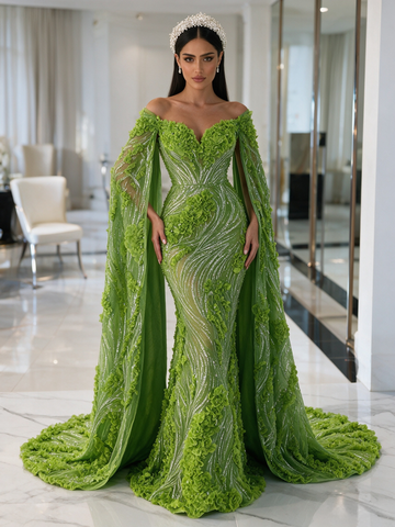 Sassymyprom luxury green tulle mermaid prom dress hero image front view