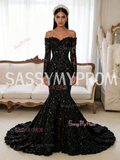 Sassymyprom off shoulder long sleeve black prom dress full front view