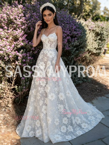 Sassymyprom pearls beading flowers spaghetti straps tulle wedding dress hero image