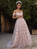 Sassymyprom pink floral beading off shoulder A-line tulle prom dress hero front view
