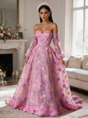 Sassymyprom pink floral lace A-line prom dress hero front view