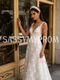 Sassymyprom tulle lace daisy flower beading white V-neck wedding dress side view