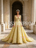 Sassymyprom V-neck long sleeve floral gown full front view