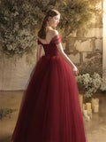 Burgundy Sweetheart Beading Tulle A Line Prom Dress