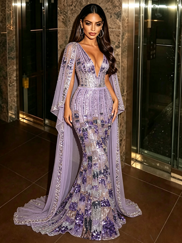 V Neck Cape Trumpet Mermaid Purple Colorful Beading Prom Dress