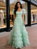 Green Puffy Sleeve A Line Sparkle Ruffles Prom Dress