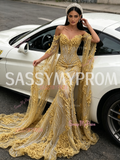Trumpet Mermaid Gold Cape Long Sleeve Beaded Flower Prom Dress