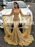 Trumpet Mermaid Gold Cape Long Sleeve Beaded Flower Prom Dress