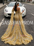 Trumpet Mermaid Gold Cape Long Sleeve Beaded Flower Prom Dress