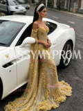 Trumpet Mermaid Gold Cape Long Sleeve Beaded Flower Prom Dress