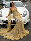 Trumpet Mermaid Gold Cape Long Sleeve Beaded Flower Prom Dress