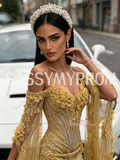 Trumpet Mermaid Gold Cape Long Sleeve Beaded Flower Prom Dress