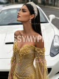 Trumpet Mermaid Gold Cape Long Sleeve Beaded Flower Prom Dress
