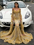 Trumpet Mermaid Gold Cape Long Sleeve Beaded Flower Prom Dress
