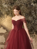 Burgundy Sweetheart Beading Tulle A Line Prom Dress