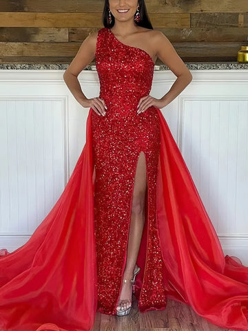 Red One Shoulder Sequin Prom Dress