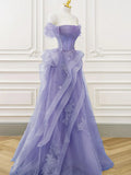 Tulle Ruffles Purple A-Line Off Shoulder Prom Dress