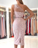 Appliques Beading Tea Length Pink One Shoulder Prom Dress